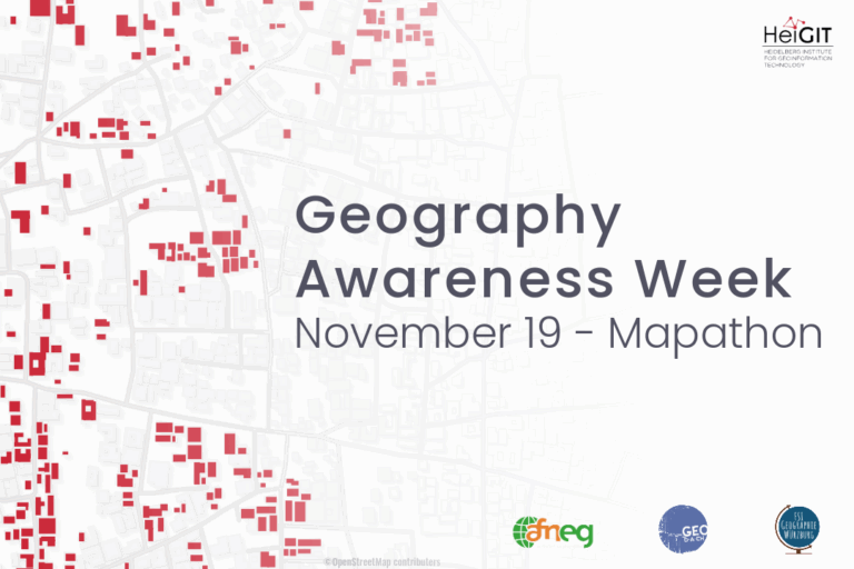 Map with scattered red squares on the left and text 'Geography Awareness Week November 19 - Mapathon' with logos of HeiGIT, fneg, GEO, and Urban Climate on the right.