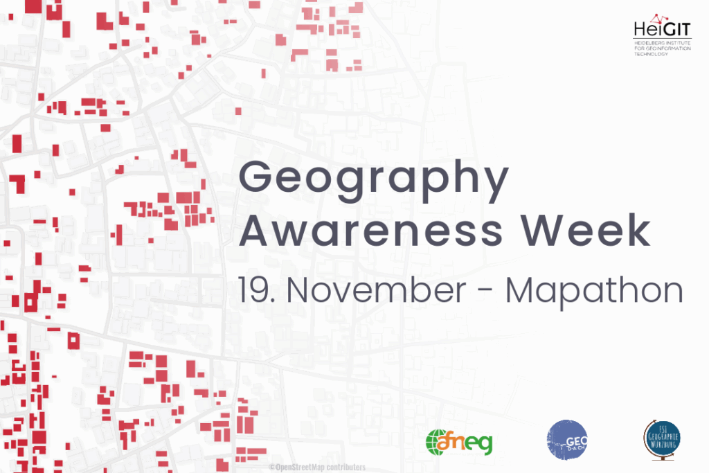 Karte mit roten Gebäudeflächen, Text 'Geography Awareness Week November 19 - Mapathon' und Logos von HeiGIT, gfneg, GEO und OpenStreetMap.