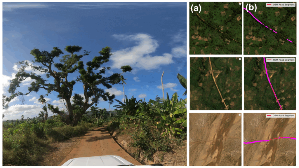 Image on the right: © sig_3co, Panoramax; Figure on the left illustrates the workflow and challenges of extracting road attributes from 3-4m PlanetScope imagery.