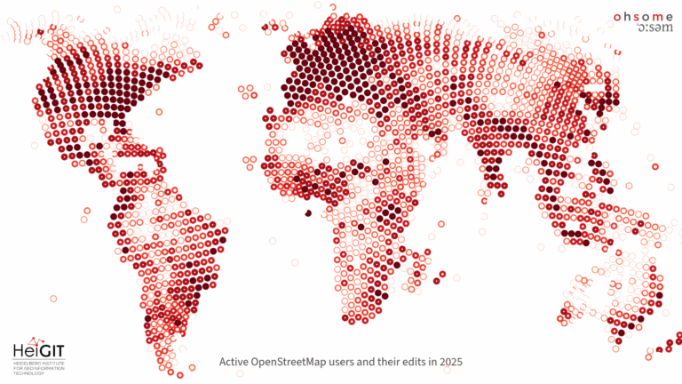 World map showing clusters of active OpenStreetMap users and their edits in 2025, represented by red and dark red circles of varying sizes.