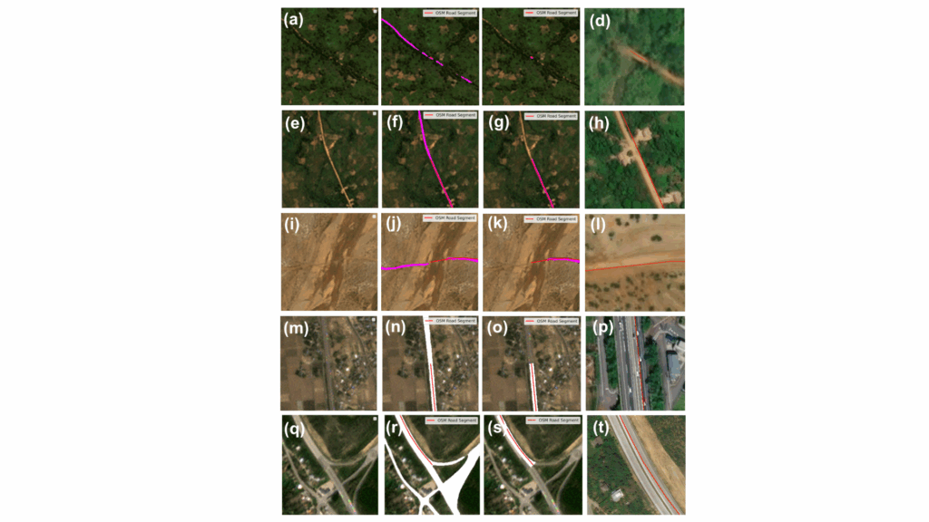 Qualitative Beispiele für die Segmentierung der Straßenoberfläche und die Festlegung der Breite. Diese Abbildung veranschaulicht den Arbeitsablauf und die Herausforderungen bei der Extraktion von Straßenattributen aus PlanetScope-Bildern mit einer Auflösung von 3-4 m.