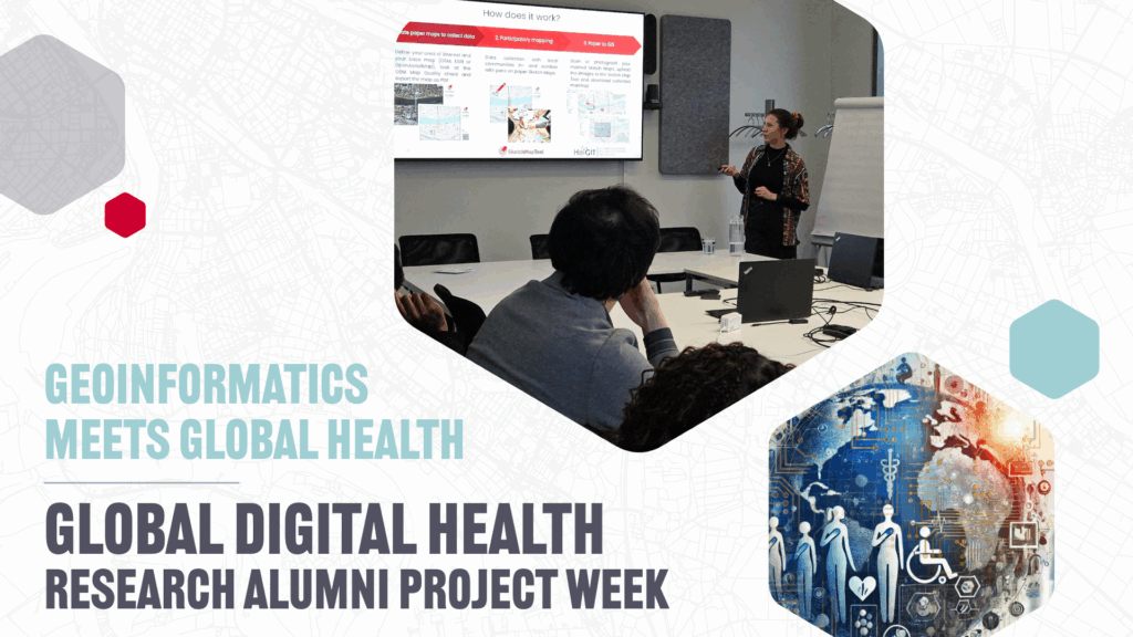 A woman presenting a slide titled "How does it work?" to an audience in a conference room. The text reads "Geoinformatics meets Global Health, Global Digital Health Research Alumni Project Week."