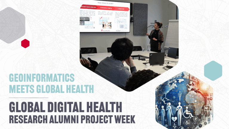 A woman presenting a slide titled "How does it work?" to an audience in a conference room. The text reads "Geoinformatics meets Global Health, Global Digital Health Research Alumni Project Week."