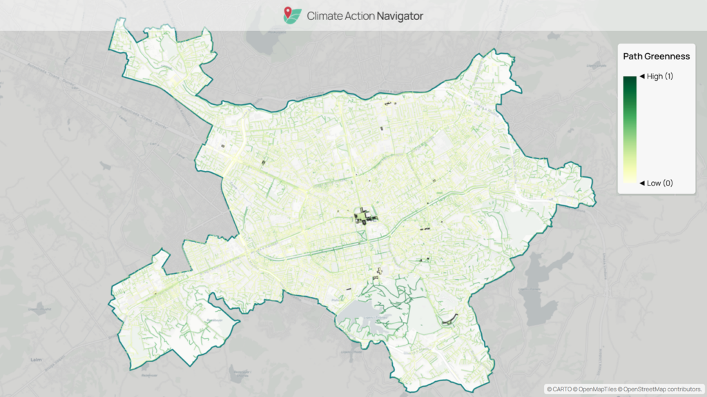 Map of Tirana showing varying levels of path greenness with a gradient from low to high indicated in green.
