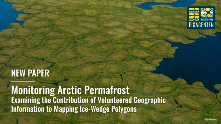 Aerial view of polygonal patterns in green tundra near a blue water body, typical of permafrost terrain. Text: New Paper- Monitoring Arctic Permafrost – Examining the Contribution of Volunteered Geographic Information to Mapping Ice-Wedge Polygons