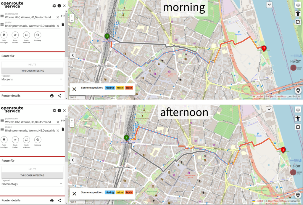The HEAL app showing walking routes in Worms, Germany: slightly different routes are suggested in the morning and afternoon to avoid heat stress.