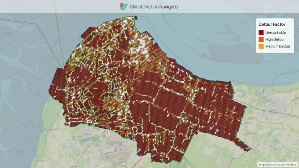 Map of Cuxhaven area showing detour factors with large sections marked as unreachable and high detour in dark red and orange.