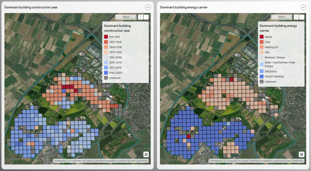 Two side-by-side maps showing dominant building construction years and energy carriers in a region, with color-coded grids and legends.