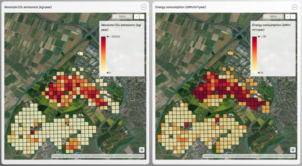 Two side-by-side heat maps showing a region with colored grid cells indicating levels of absolute CO2 emissions and energy consumption, with color scales from yellow to dark red.