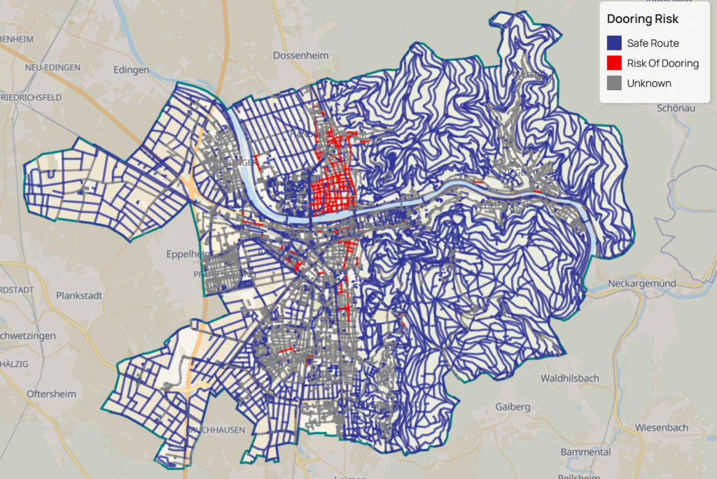 A screenshot from the hiBike assessment tool of the Climate Action Navigator, showing dooring risk in Heidelberg, Germany
