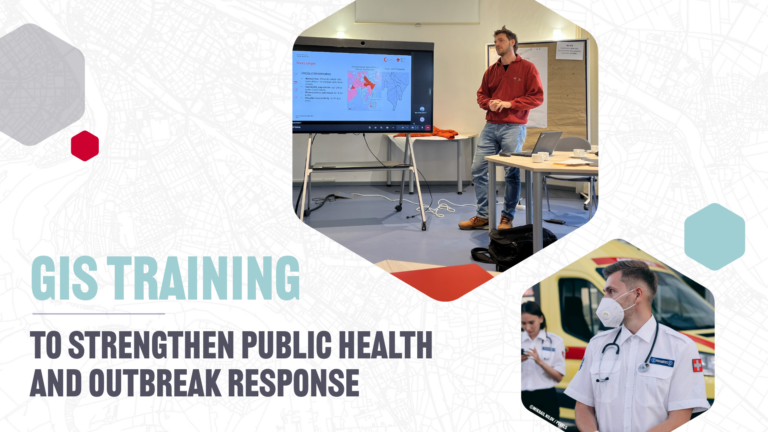 Man in red sweater presenting a map on a large screen in a training room with tables and chairs, alongside an inset of a medical professional in uniform with a stethoscope.