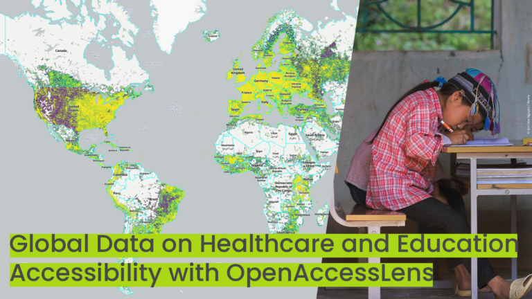 Weltkarte mit farblich markierten Regionen und Text 'Global Data on Healthcare and Education Accessibility with OpenAccessLens' neben einer sitzenden Person an einem Tisch mit Schreibmaterial.