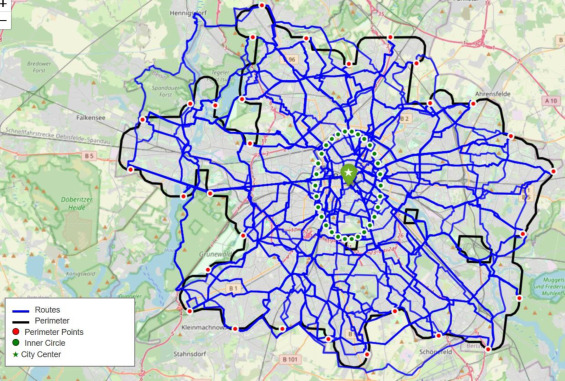 Map of Berlin showing cycling routes in blue, a black perimeter line, red perimeter points, a green inner circle, and a green star marking the city center