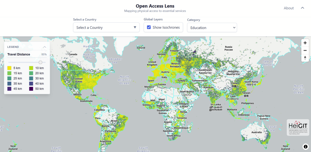 World map with color-coded isochrones showing travel distances in kilometers