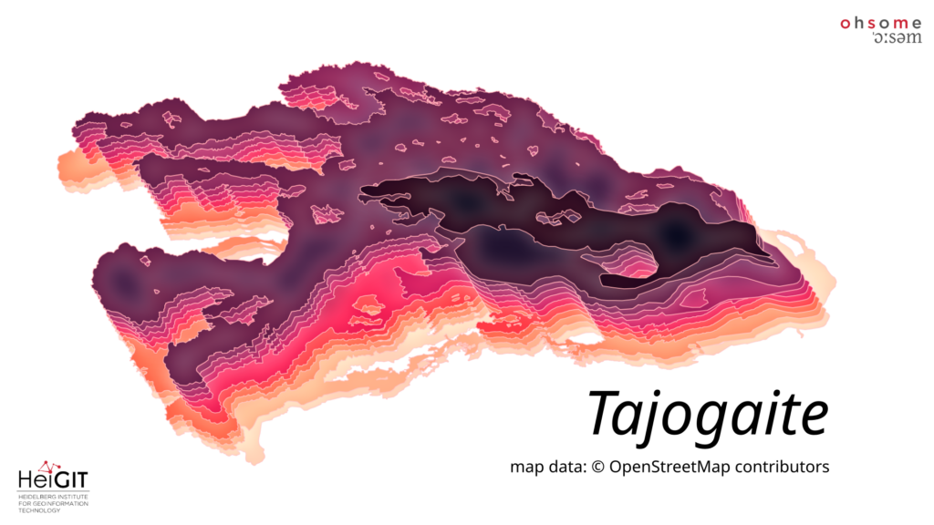 Farbiges Höhenlinienmodell einer Landschaft mit dem Titel 'Tajogaite' und dem Hinweis auf OpenStreetMap-Daten.
