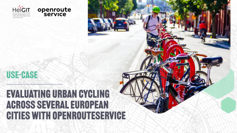 Bicycles locked to a red bike rack along an urban street with parked cars and cyclists in the background.
