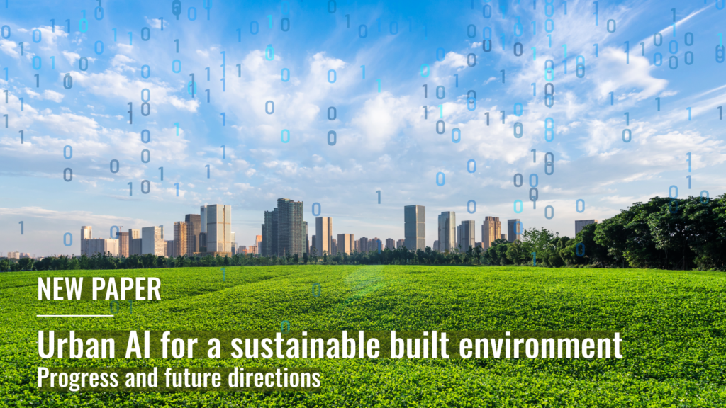 Cityscape with high-rise buildings in the background, a green field in the foreground, and binary numbers overlaid in the sky