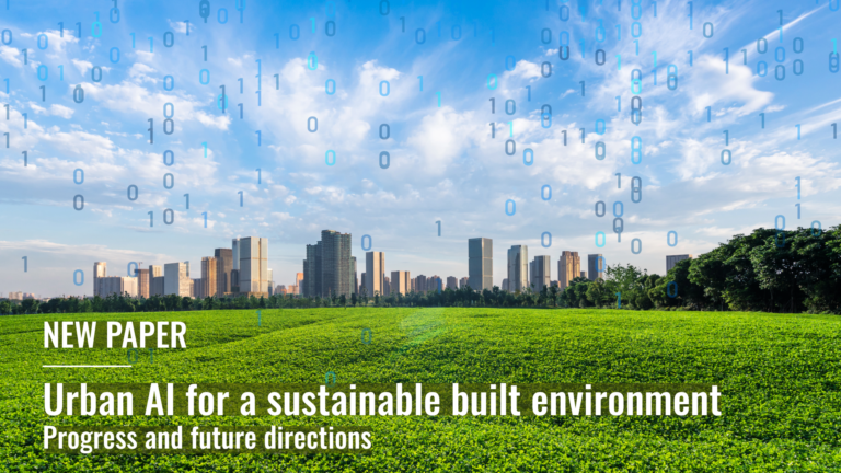 Cityscape with high-rise buildings in the background, a green field in the foreground, and binary numbers overlaid in the sky