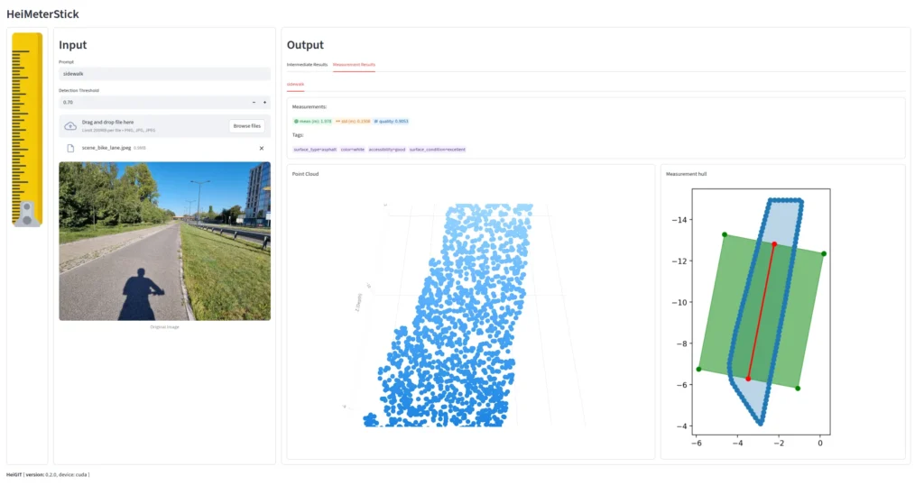 Screenshot of software interface showing a photo of a sidewalk, a point cloud, and a 3D diagram