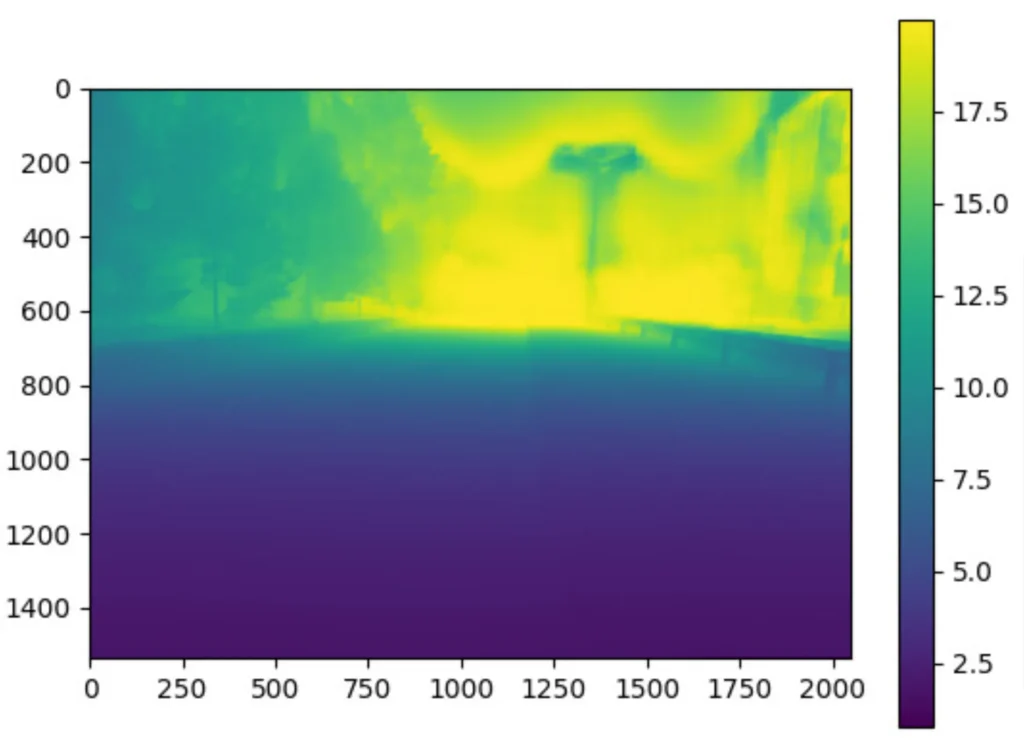 Color thermal image of a street with buildings and trees in the background