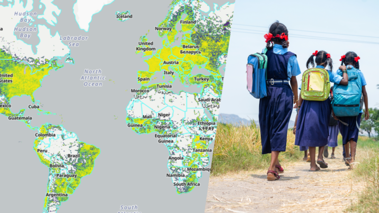 Three girls in school uniforms with backpacks and red hair ribbons walking on a rural dirt path.