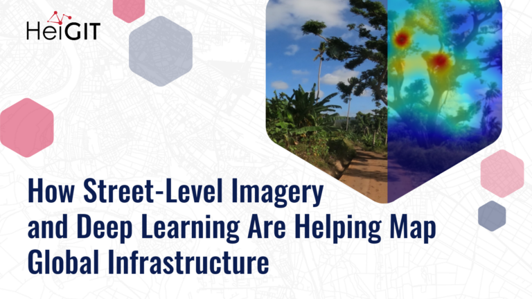 Two hexagonal images above text: left shows a street with trees and plants, right shows a heatmap of trees and plants, above is the 'HeiGIT' logo and the text 'How Street-Level Imagery and Deep Learning Are Helping Map Global Infrastructure'