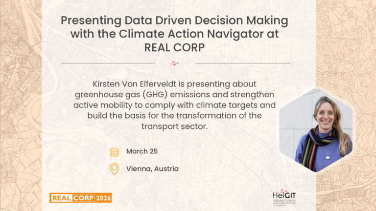 Presentation slide titled 'Presenting Data Driven Decision Making with the Climate Action Navigator at REAL CORP' with text about Kirsten Von Elferveldt presenting on greenhouse gas emissions and mobility, including date 'March 25' and location 'Vienna, Austria', with a portrait of a person wearing a scarf and sweater at the bottom right