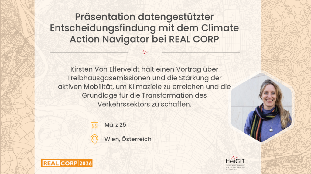 Präsentationsfolie mit dem Titel 'Presenting Data Driven Decision Making with the Climate Action Navigator at REAL CORP' und Text zu einer Präsentation von Kirsten Von Elferveldt über Treibhausgasemissionen und Mobilität, darunter Datum 'March 25' und Ort 'Vienna, Austria', rechts unten ein Porträt einer Person mit Schal und Pullover.