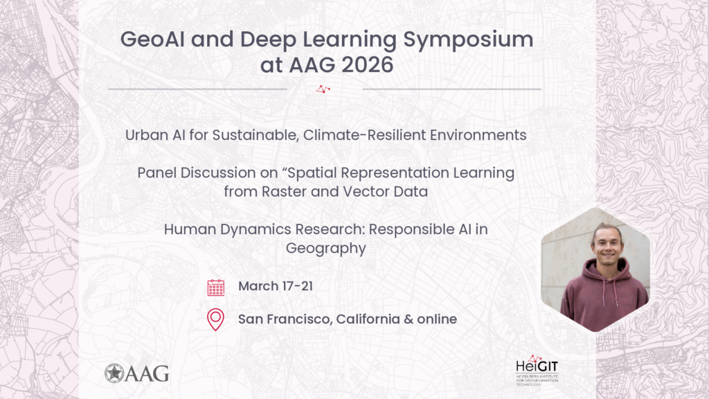 Text with event details for GeoAI and Deep Learning Symposium 2026 including date, location, topics, and logos of AAG and HeiGIT