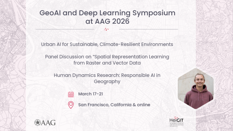 Text with event details for GeoAI and Deep Learning Symposium 2026 including date, location, topics, and logos of AAG and HeiGIT