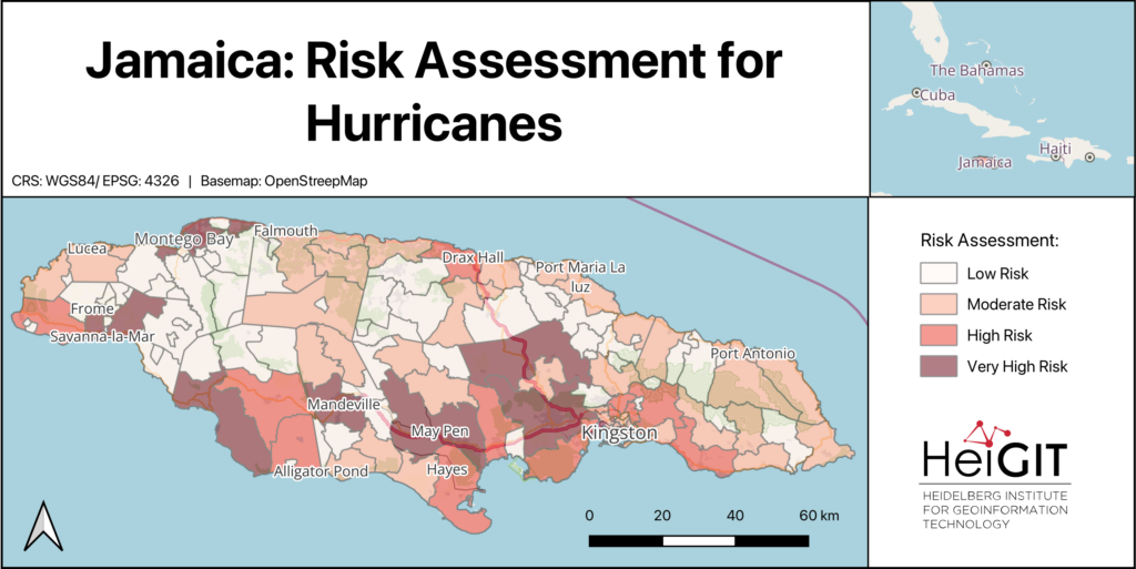 Map of Jamaica showing regions color-coded by hurricane risk from low to very high with a legend on the right