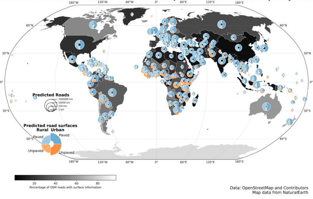 World map with colored pie charts at various locations showing the share of paved and unpaved roads in urban and rural areas