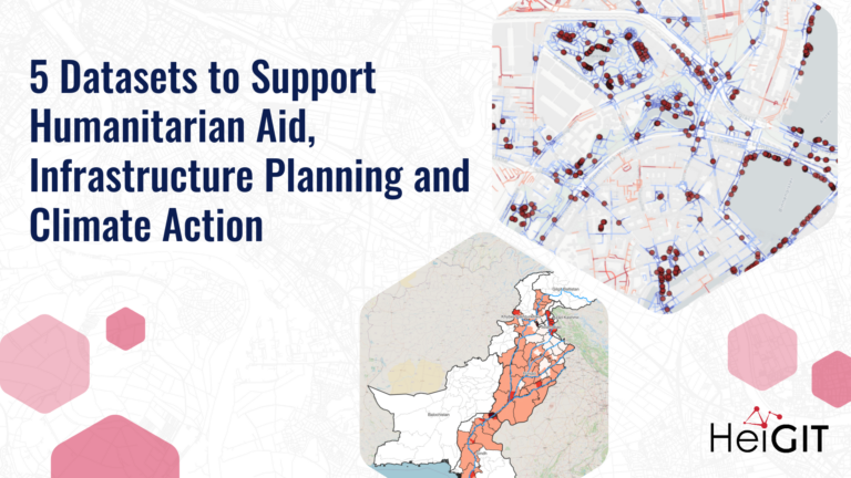 Map of Morocco with highlighted regions and points alongside text '5 Datasets to Support Humanitarian Aid, Infrastructure Planning and Climate Action' and 'HeiGIT' logo