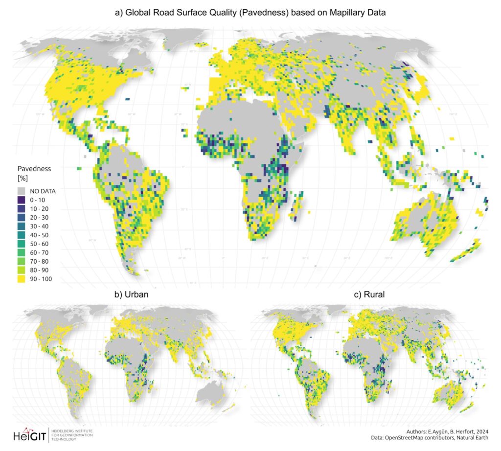 World map with colored grid cells showing global, urban, and rural road surface quality (pavedness) based on Mapillary data