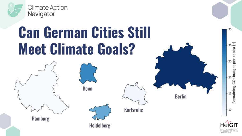 Map of Germany showing Berlin, Bonn, Hamburg, Karlsruhe, and Heidelberg with a color scale indicating remaining CO2 budget per capita in tons