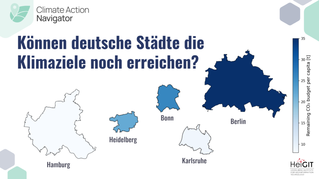 Karte Deutschlands mit farblich markierten Städten Hamburg, Heidelberg, Bonn, Karlsruhe und Berlin, dazu eine Legende zur verbleibenden CO2-Budget pro Kopf in Tonnen.