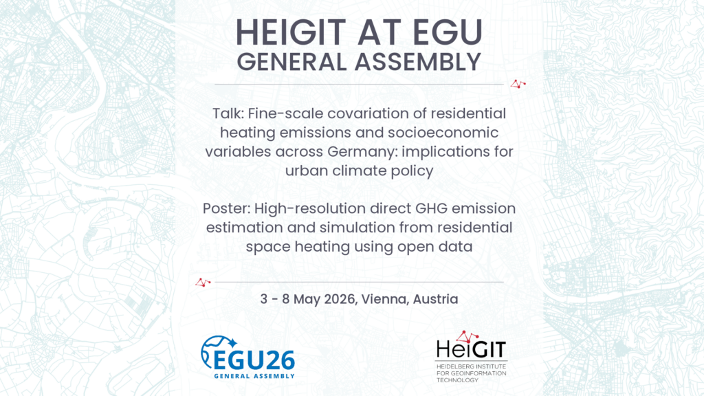 Text panel announcing HeiGIT institute talks and posters at the EGU General Assembly 2026 in Vienna on residential heating emissions and urban climate policy