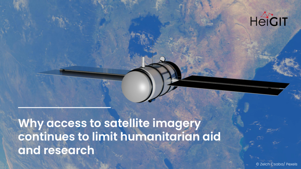 Satellite with extended solar panels orbiting Earth with text 'Why access to satellite imagery continues to limit humanitarian aid and research'