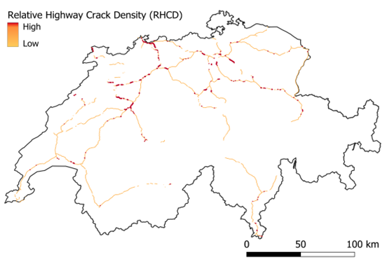 Map of Switzerland showing highway sections colored from red (high) to yellow (low) relative crack density