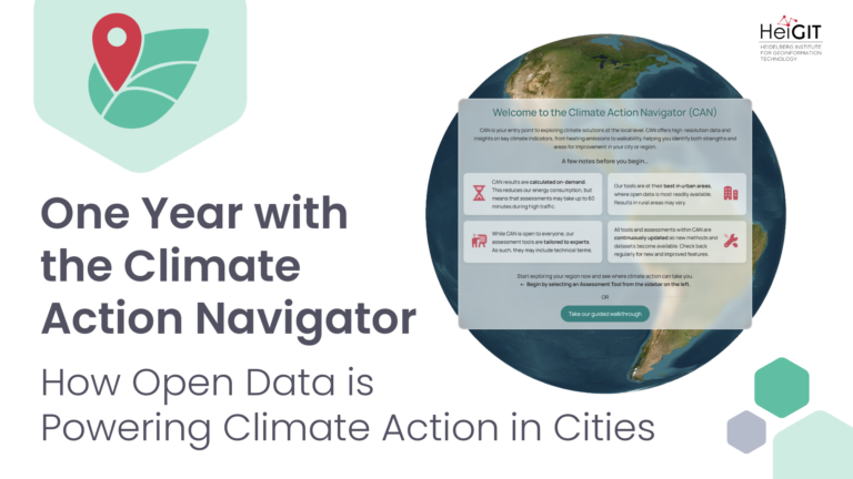 Screenshot of a webpage titled 'One Year with the Climate Action Navigator' with the subtitle 'How Open Data is Powering Climate Action in Cities' showing a globe and a text box with information about the Climate Action Navigator.