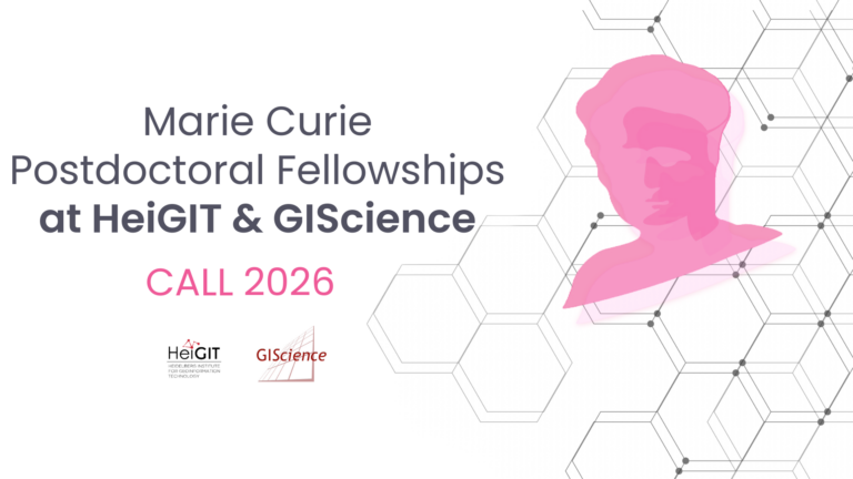 Text 'Marie Curie Postdoctoral Fellowships at HeiGIT & GIScience CALL 2026' next to a stylized pink portrait of Marie Curie and schematic hexagonal lines.