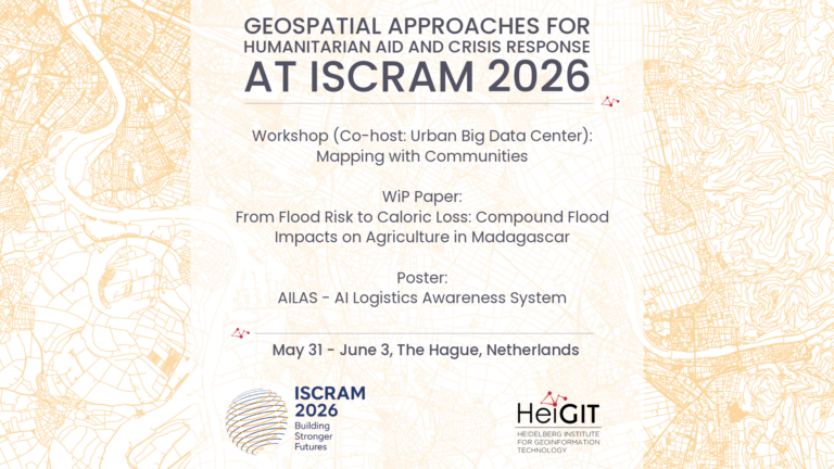 Text panel with information on geospatial approaches for humanitarian aid and crisis response at ISCRAM 2026 in The Hague including workshop, paper, and poster announcement.