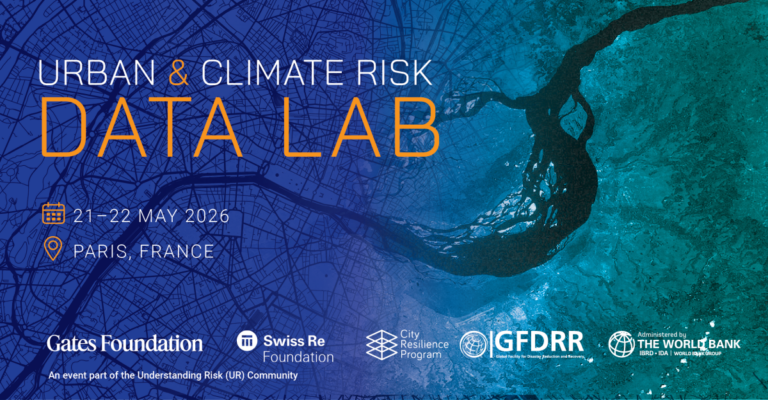 Text graphic reading 'URBAN & CLIMATE RISK DATA LAB', event date '21-22 MAY 2026', location 'PARIS, FRANCE', and logos of Gates Foundation, Swiss Re Foundation, City Resilience Program, GFDRR, and The World Bank on a blue background with tree branches.