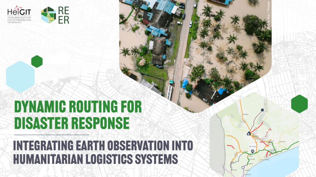Aerial view of a flooded road with buildings and palm trees alongside text about dynamic routing for disaster response and integrating earth observation into humanitarian logistics systems