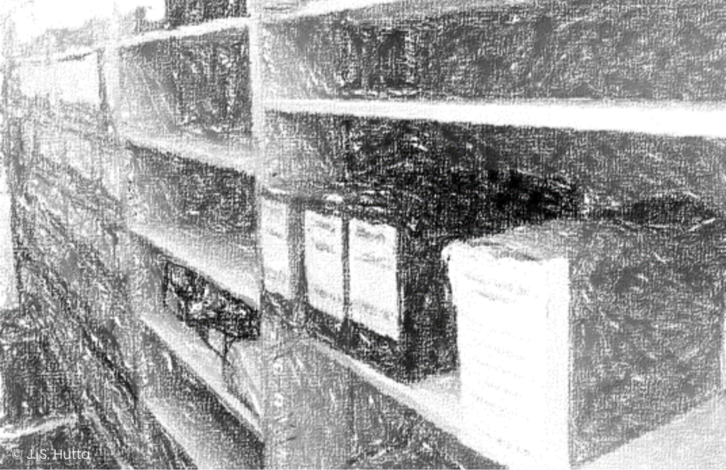 Black-and-white drawing of shelves with binders and files in an archive or office