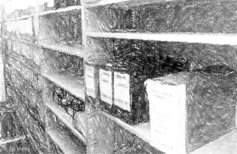 Black-and-white drawing of shelves with binders and files in an archive or office