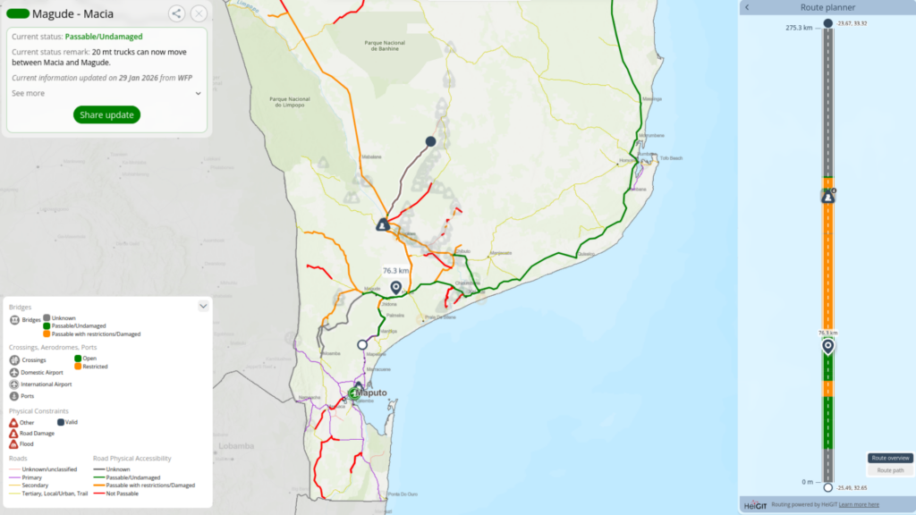 Map showing color-coded road connections and a route from Magude to Macia along the coast.