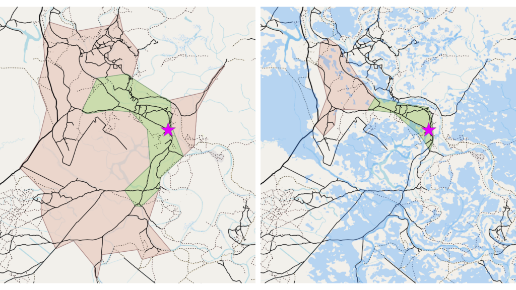 Two side-by-side maps with colored highlighted areas and a purple star marking a location