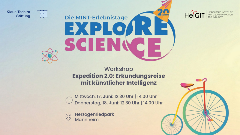 Plakat für die MINT-Erlebnistage Explore Science mit Workshop-Informationen zu Expedition 2.0 im Herzogenriedpark Mannheim an zwei Tagen im Juni