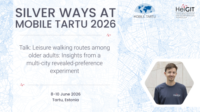 Event announcement titled 'Silver Ways at Mobile Tartu 2026' with details of a talk on leisure walking routes among older adults from 8 to 10 June 2026 in Tartu, Estonia, featuring Mobile Tartu and HeiGIT logos on a stylized city map background